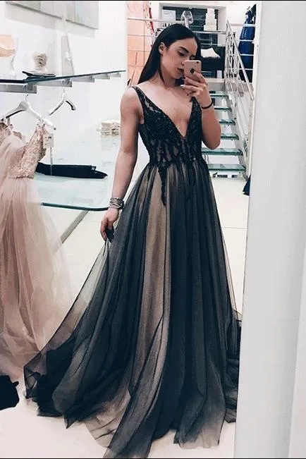 Black Deep V Neck A Line Prom Dresses,Long Tulle Evening Dress PFP0187