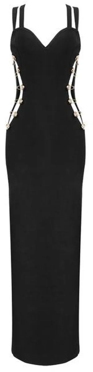 Black Double-Strap Safety-Pin Embellished Gown