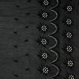 Black Famous Designer Cotton Silk Bordered Eyelet Embroidered Voile Fabric