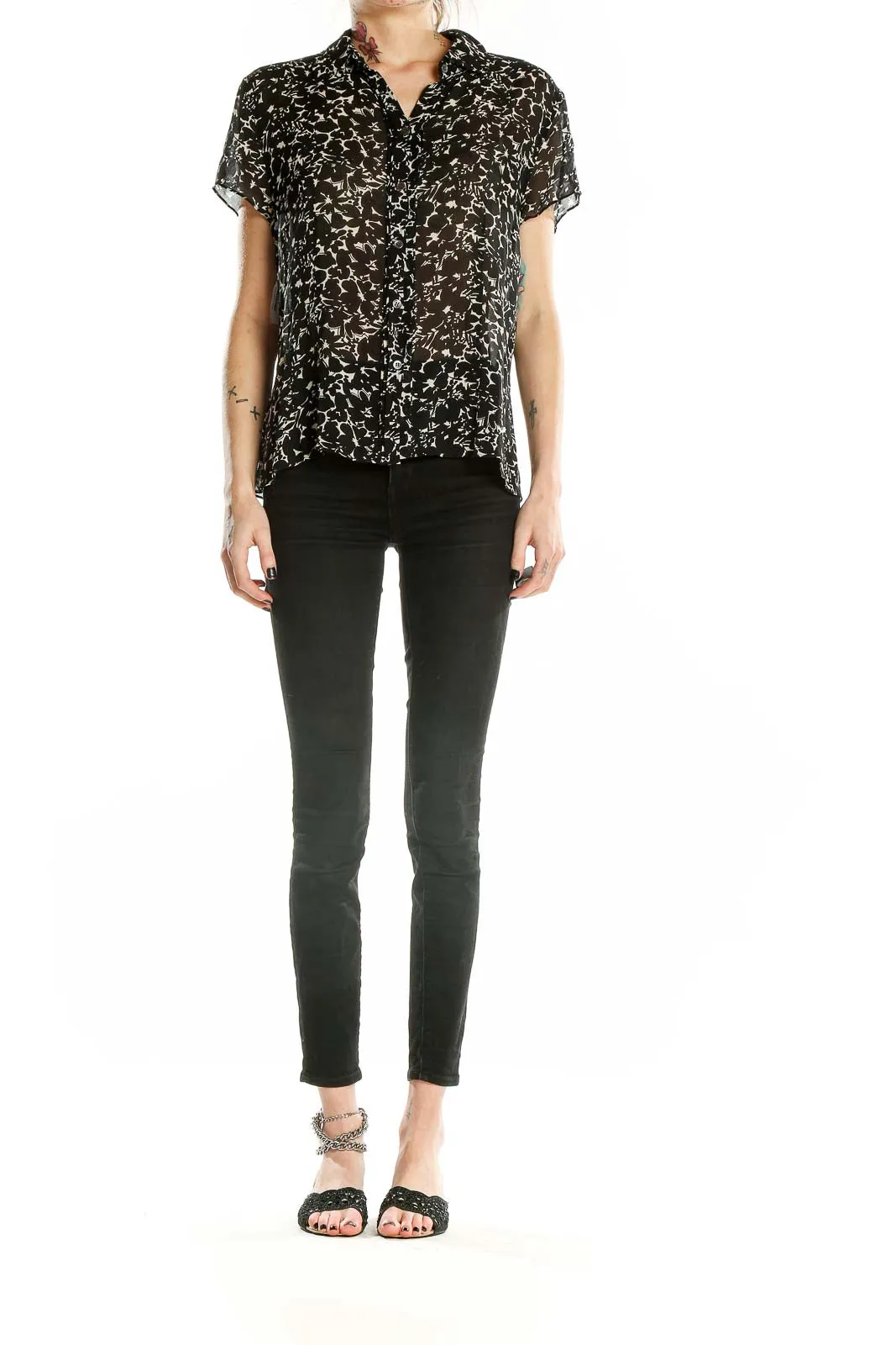 Black Floral Print Silk Blouse