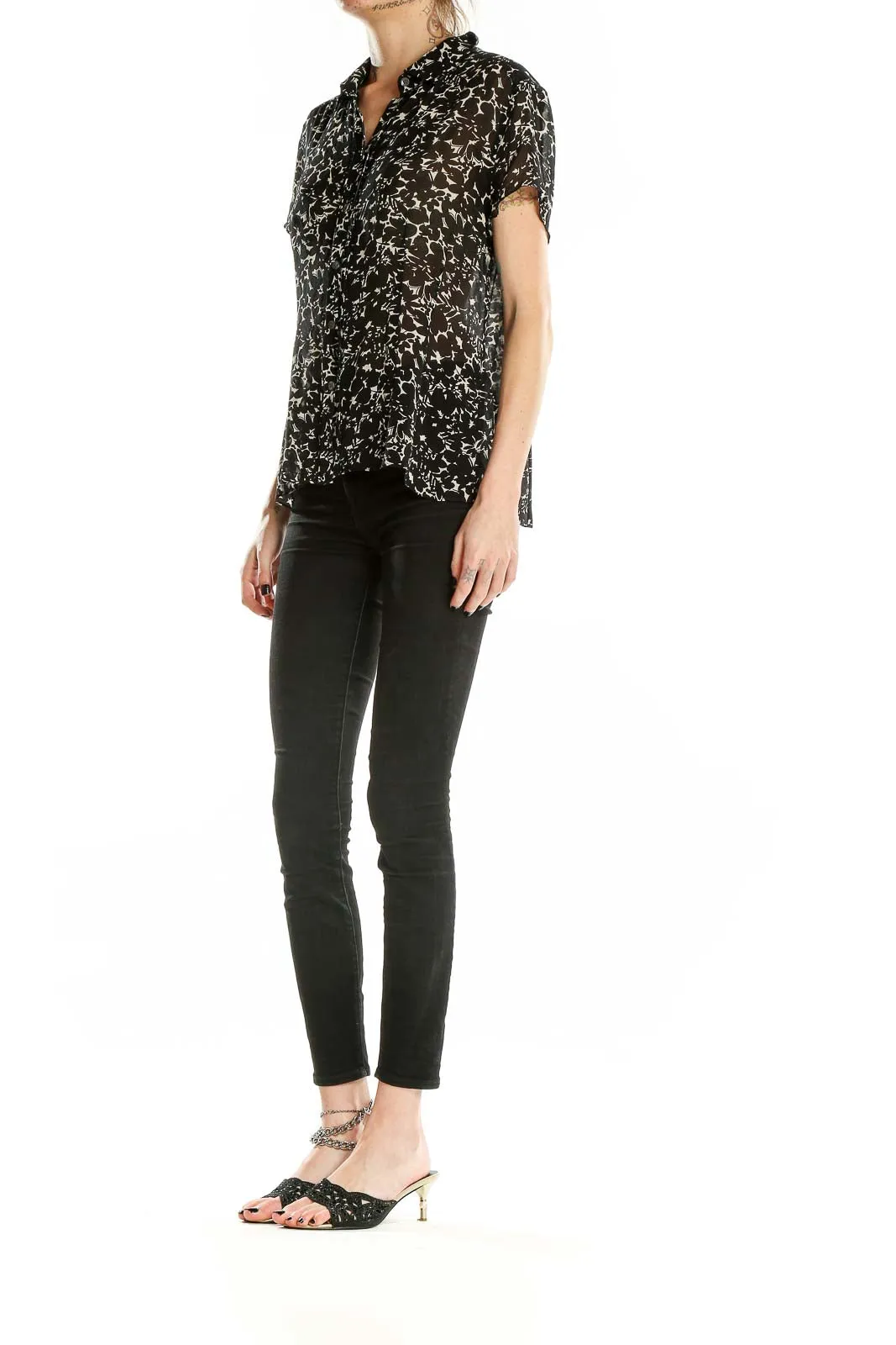 Black Floral Print Silk Blouse