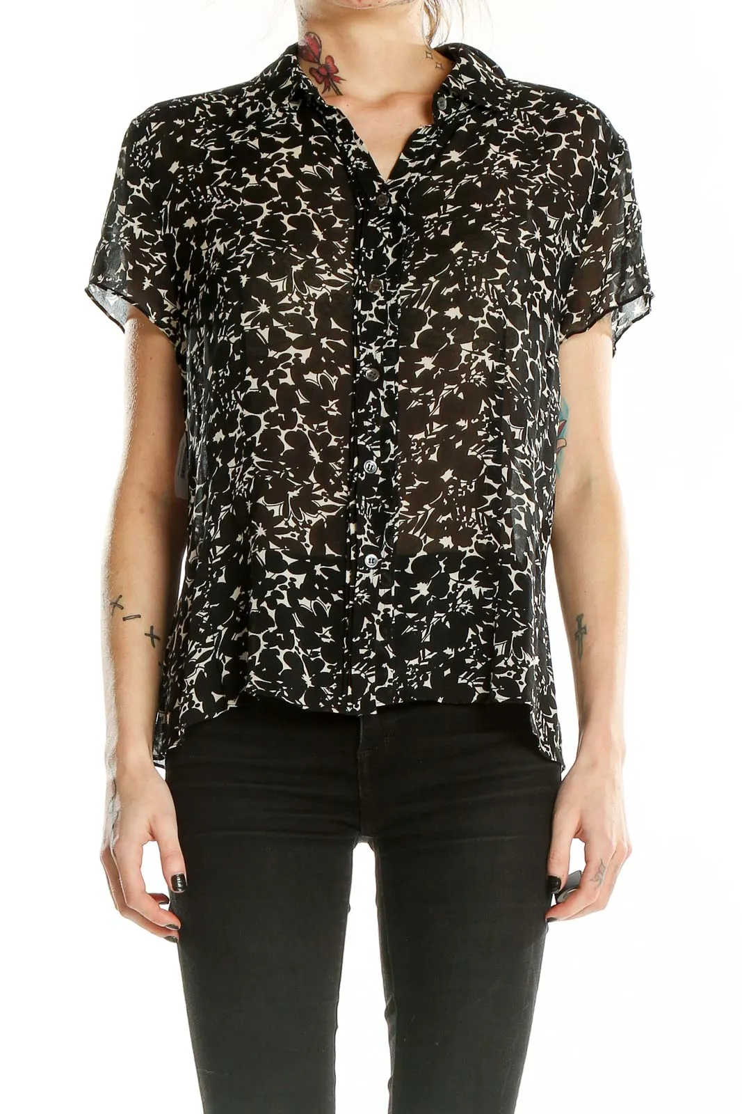 Black Floral Print Silk Blouse