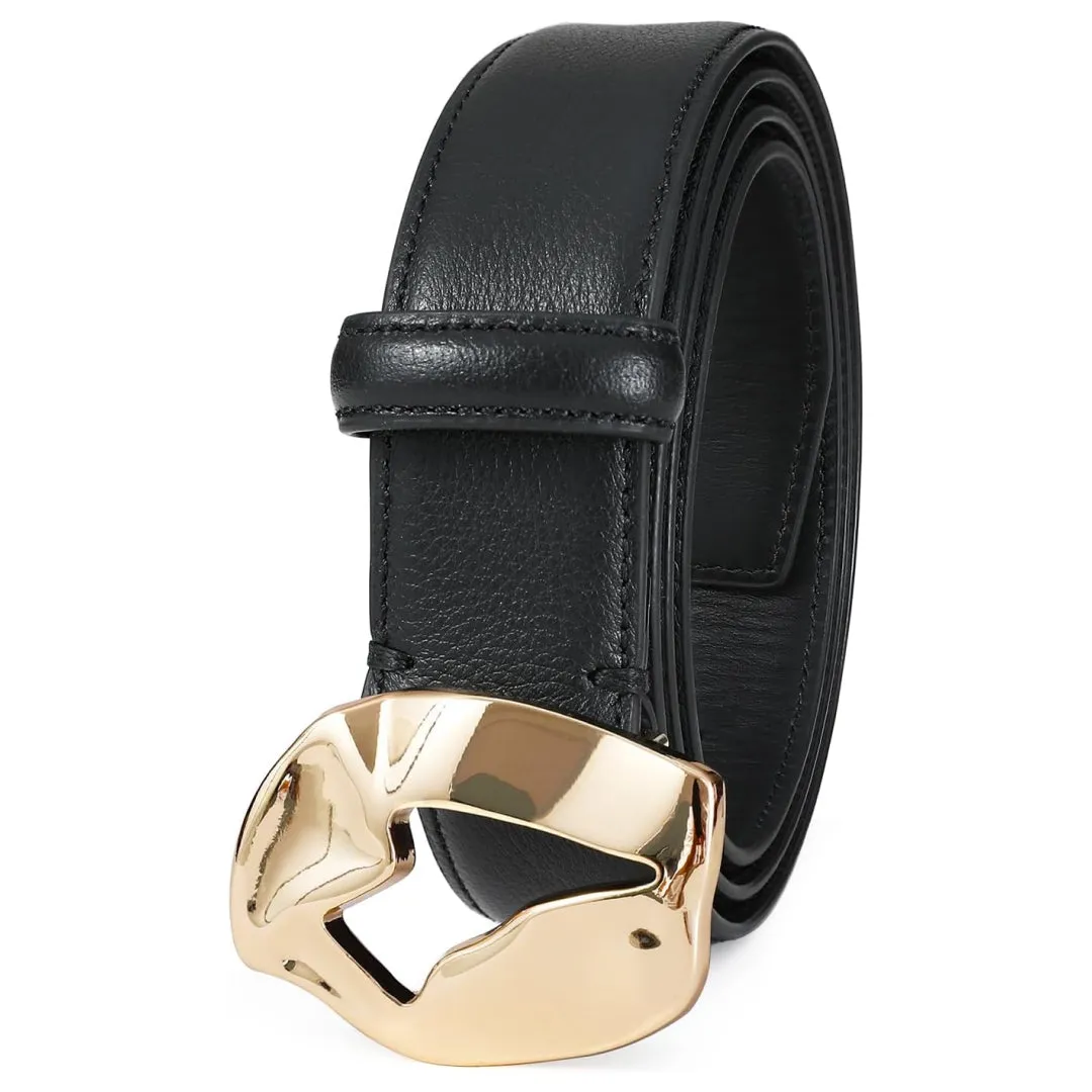 Black Genuine Leather Belt with Gold Buckle