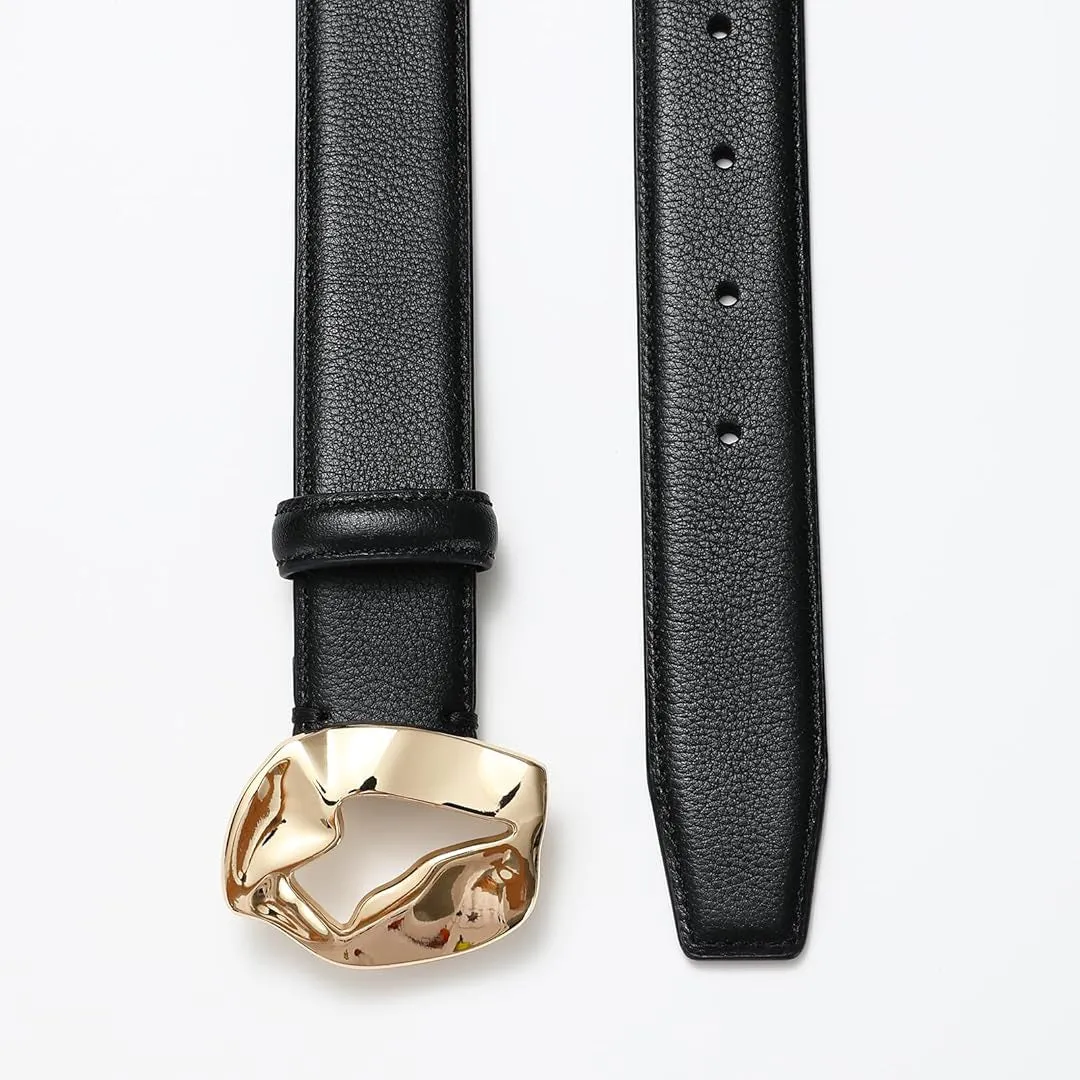 Black Genuine Leather Belt with Gold Buckle