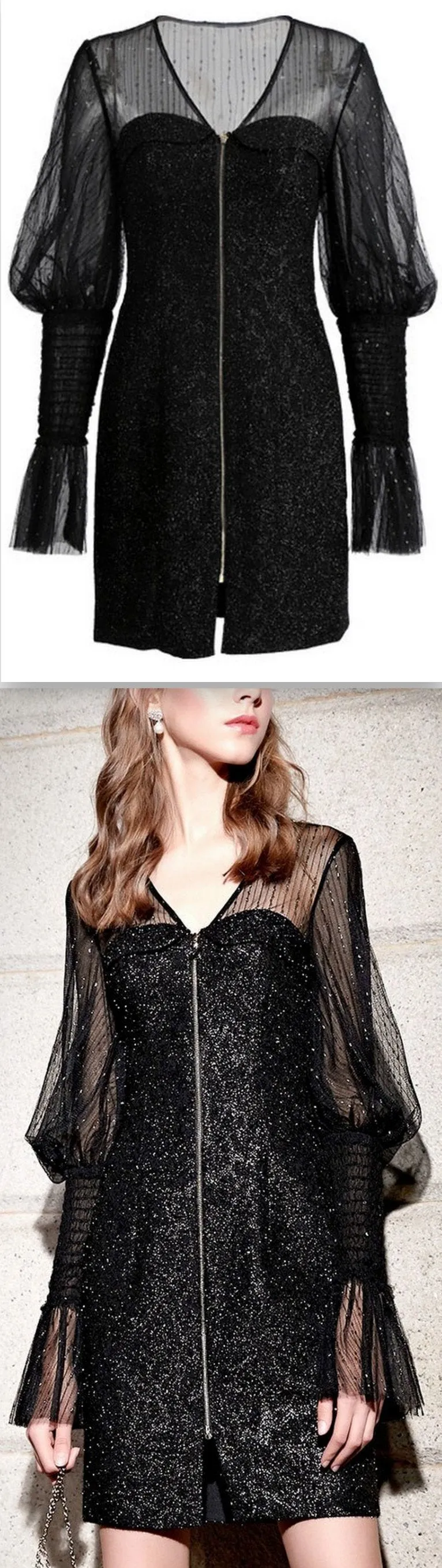 Black Glitter Flocked-Sleeve Mini Dress