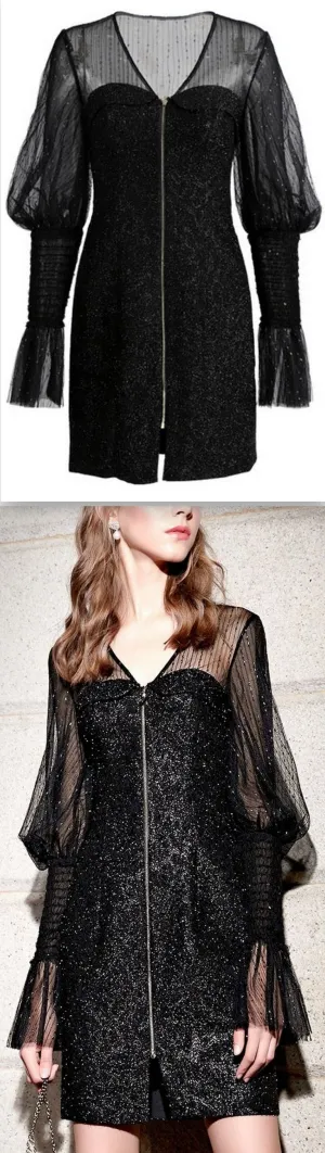 Black Glitter Flocked-Sleeve Mini Dress
