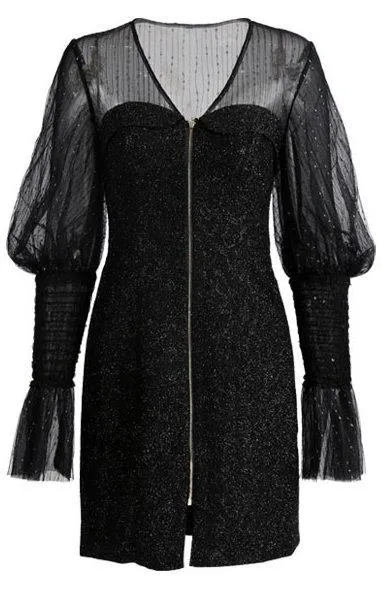 Black Glitter Flocked-Sleeve Mini Dress
