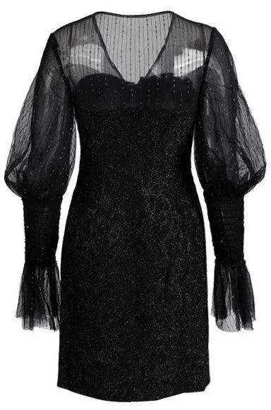 Black Glitter Flocked-Sleeve Mini Dress