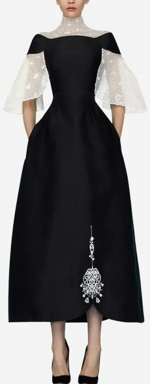 Black Gown with Lace Detail & Embroidery