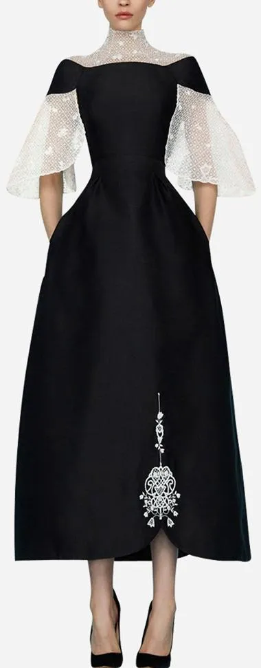 Black Gown with Lace Detail & Embroidery