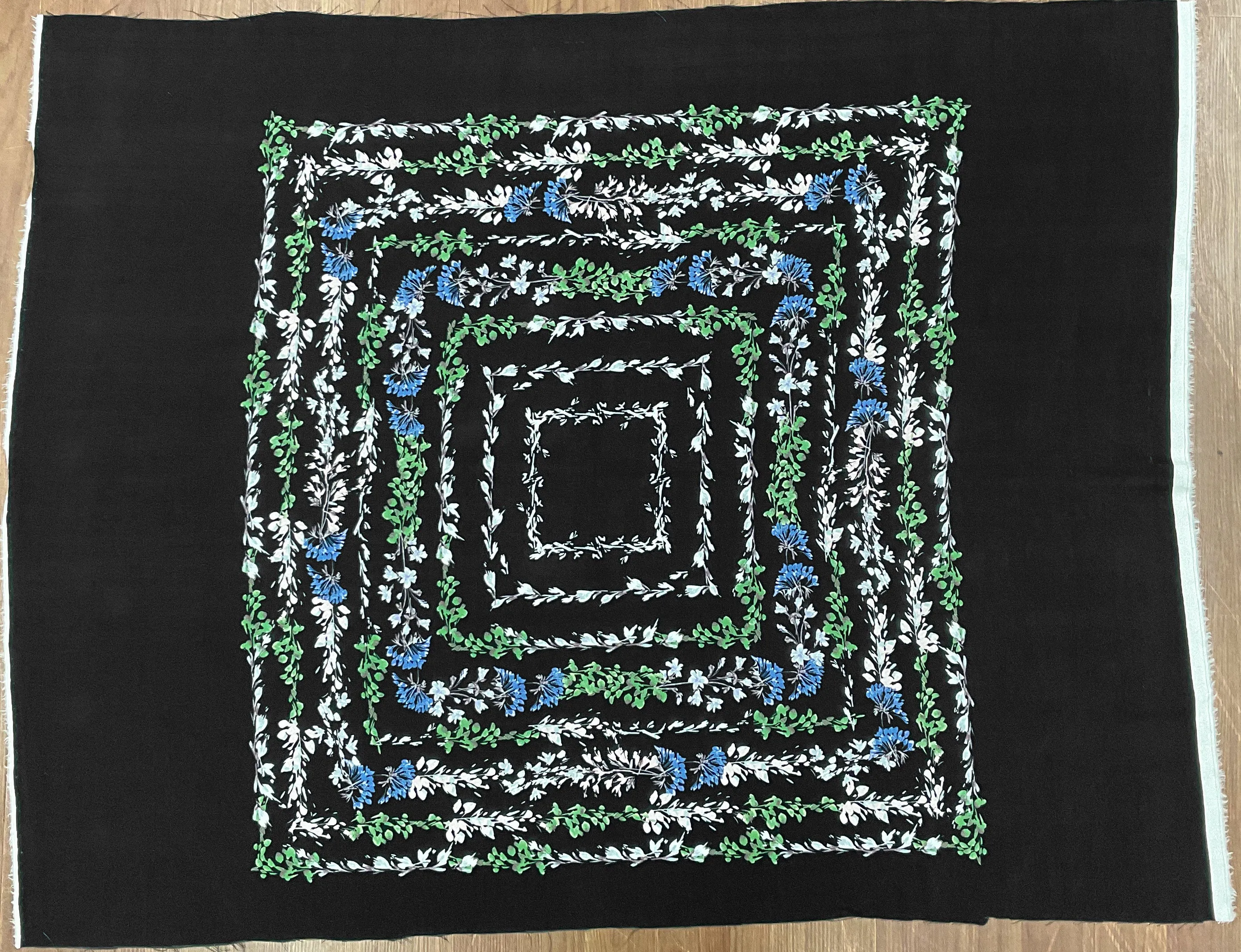 Black-Green-Multi Floral Border Panel Printed Washed Silk Woven Fabric