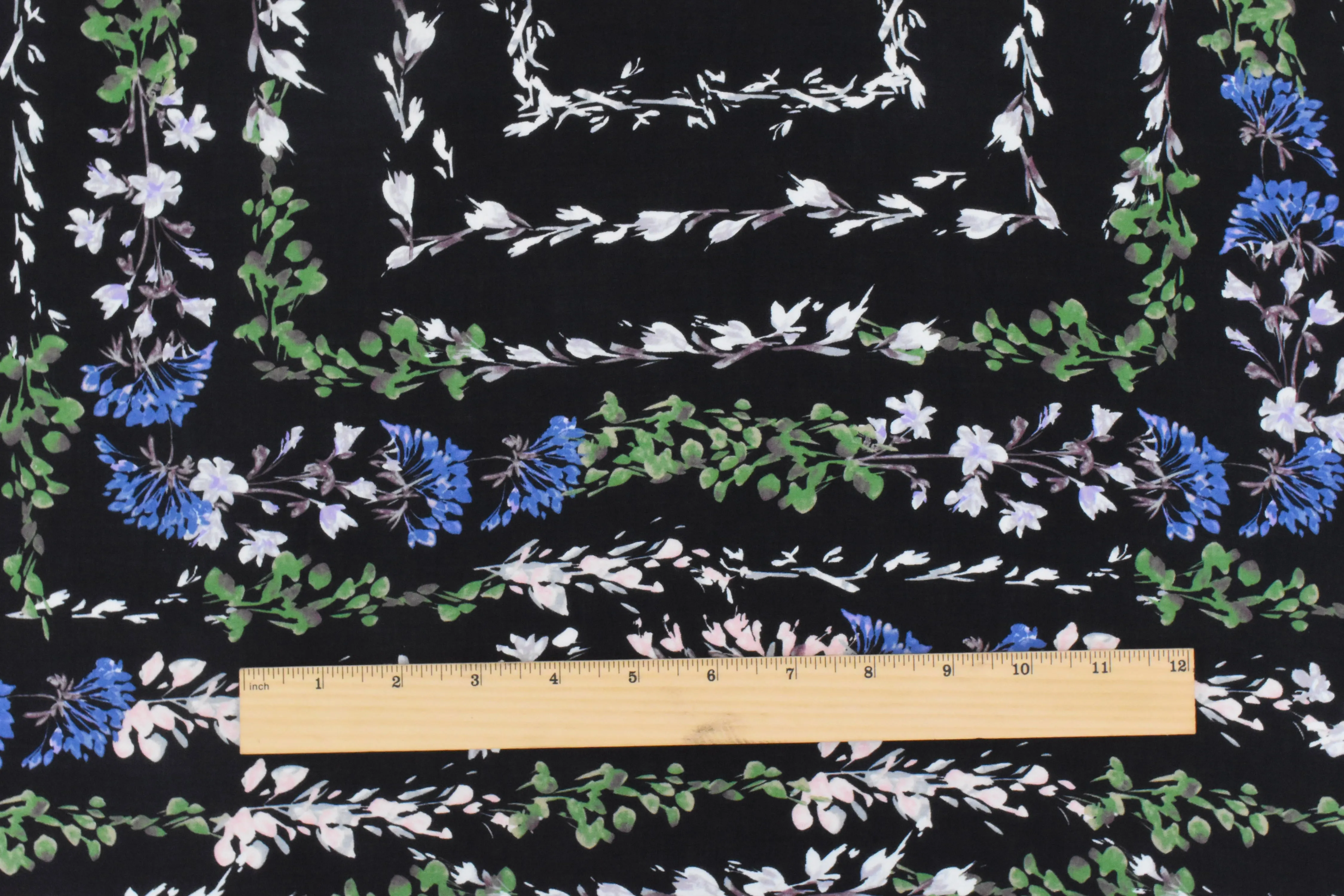Black-Green-Multi Floral Border Panel Printed Washed Silk Woven Fabric