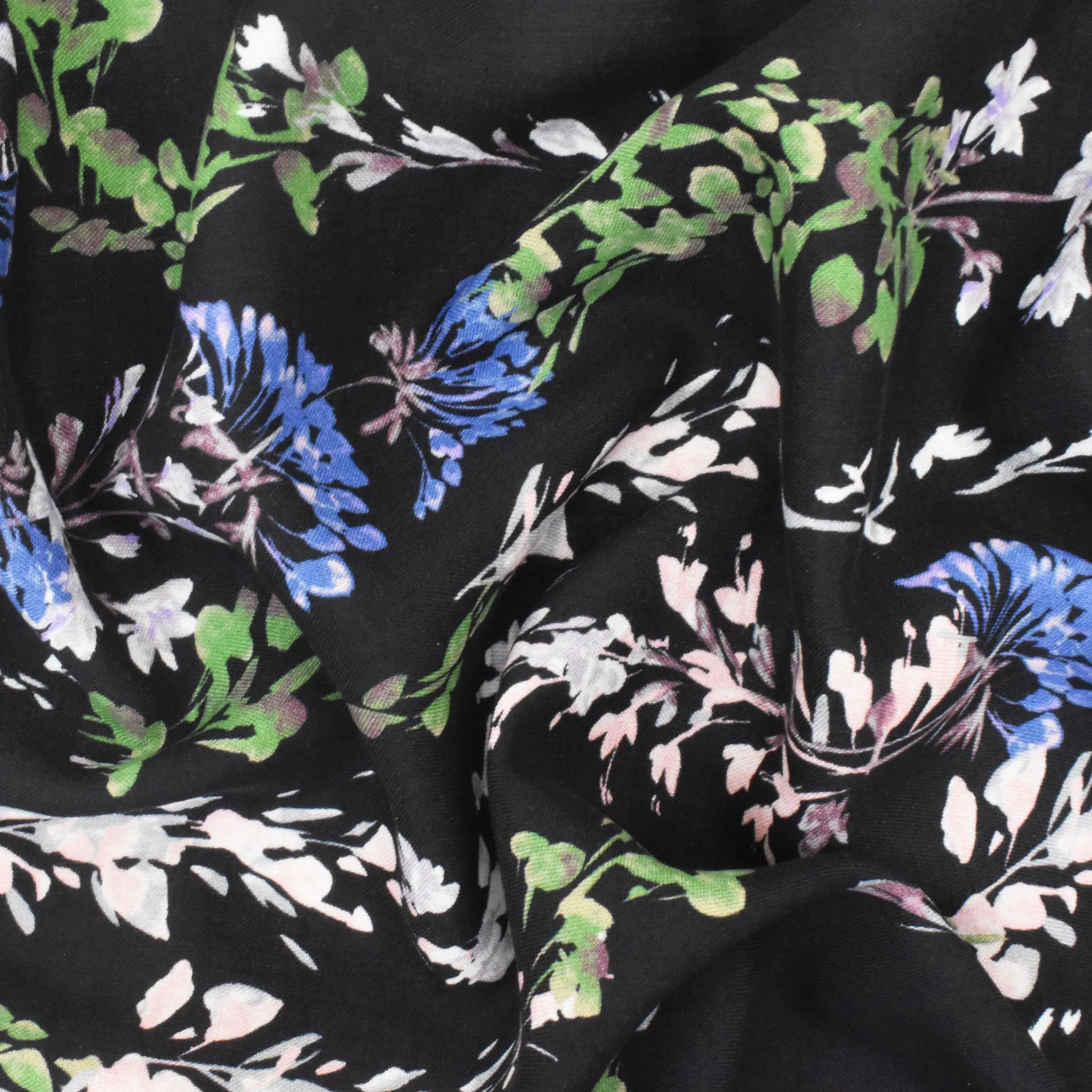 Black-Green-Multi Floral Border Panel Printed Washed Silk Woven Fabric