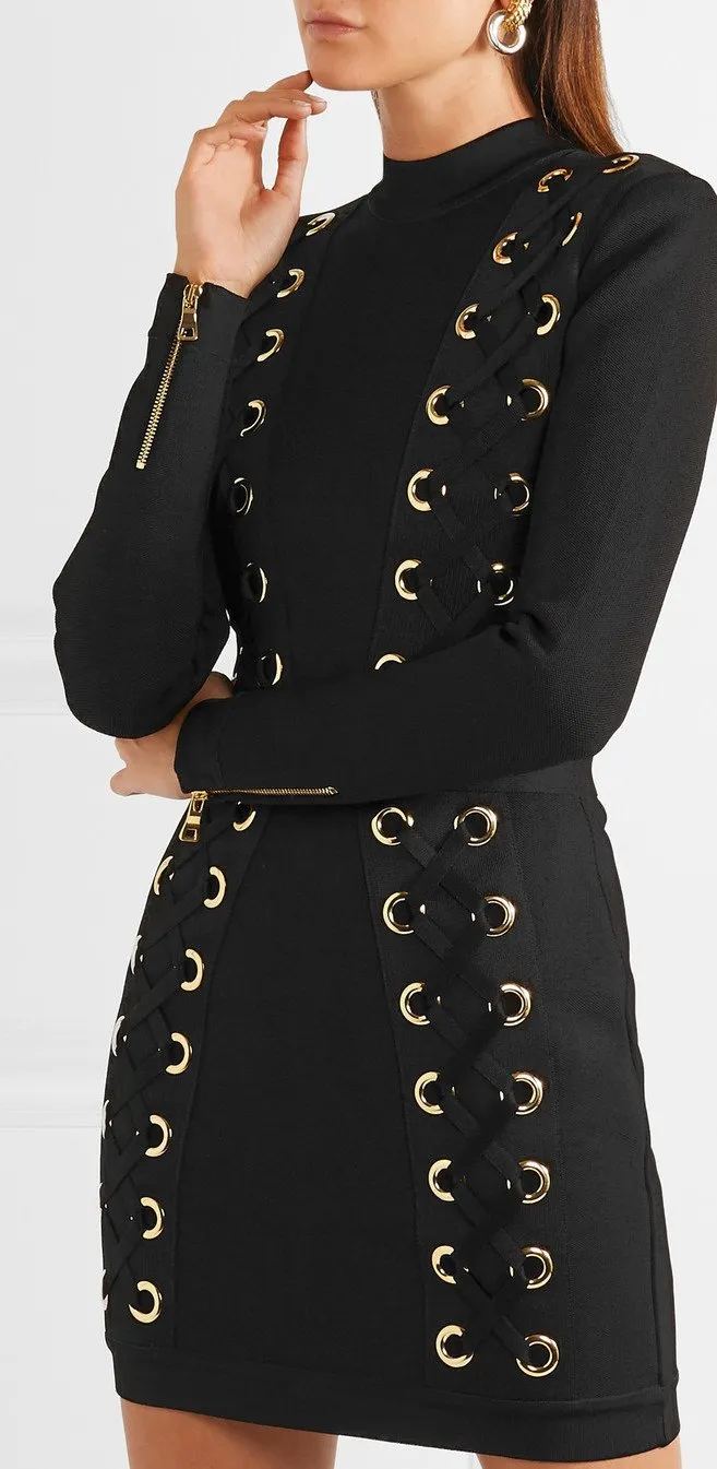 Black Lace-Up Stretch-Jersey Mini Dress