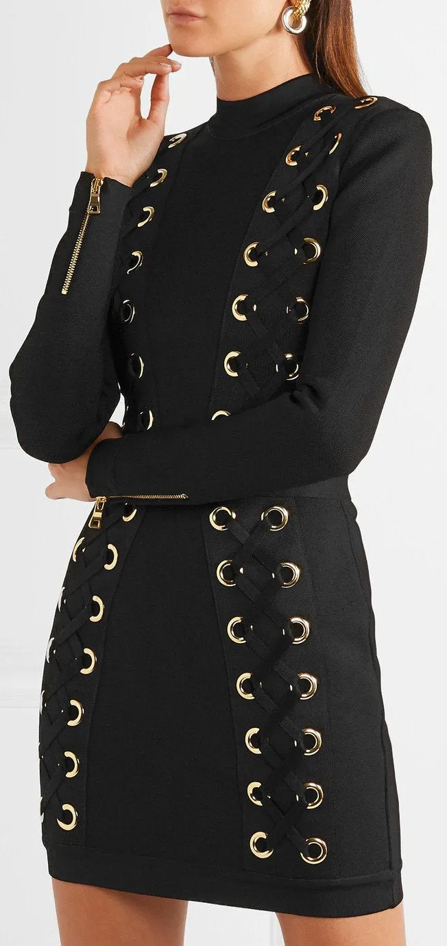 Black Lace-Up Stretch-Jersey Mini Dress
