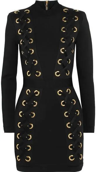 Black Lace-Up Stretch-Jersey Mini Dress
