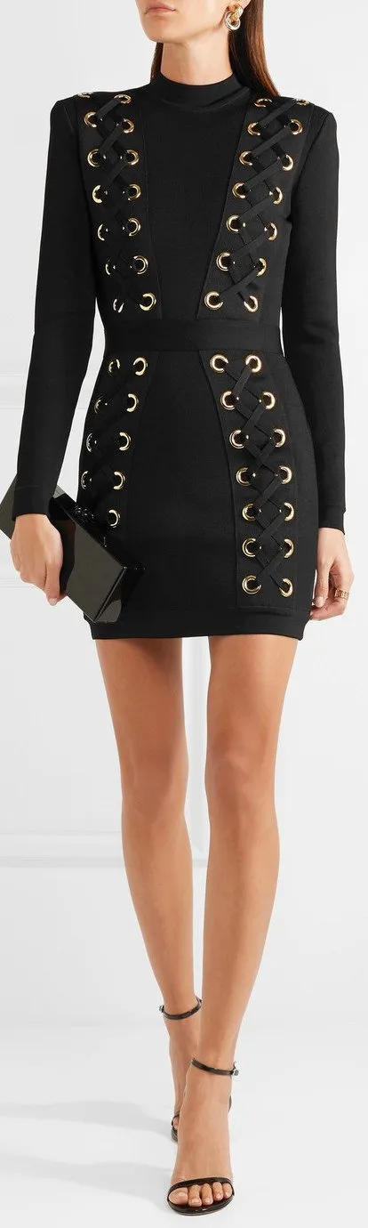 Black Lace-Up Stretch-Jersey Mini Dress