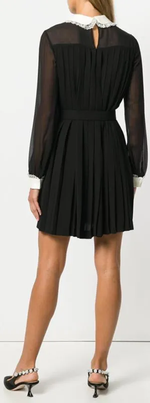 Black Pleated Mini Dress with Embellished Trim