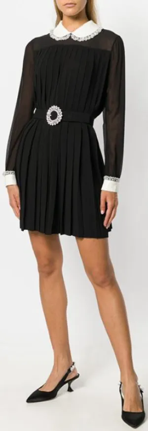 Black Pleated Mini Dress with Embellished Trim