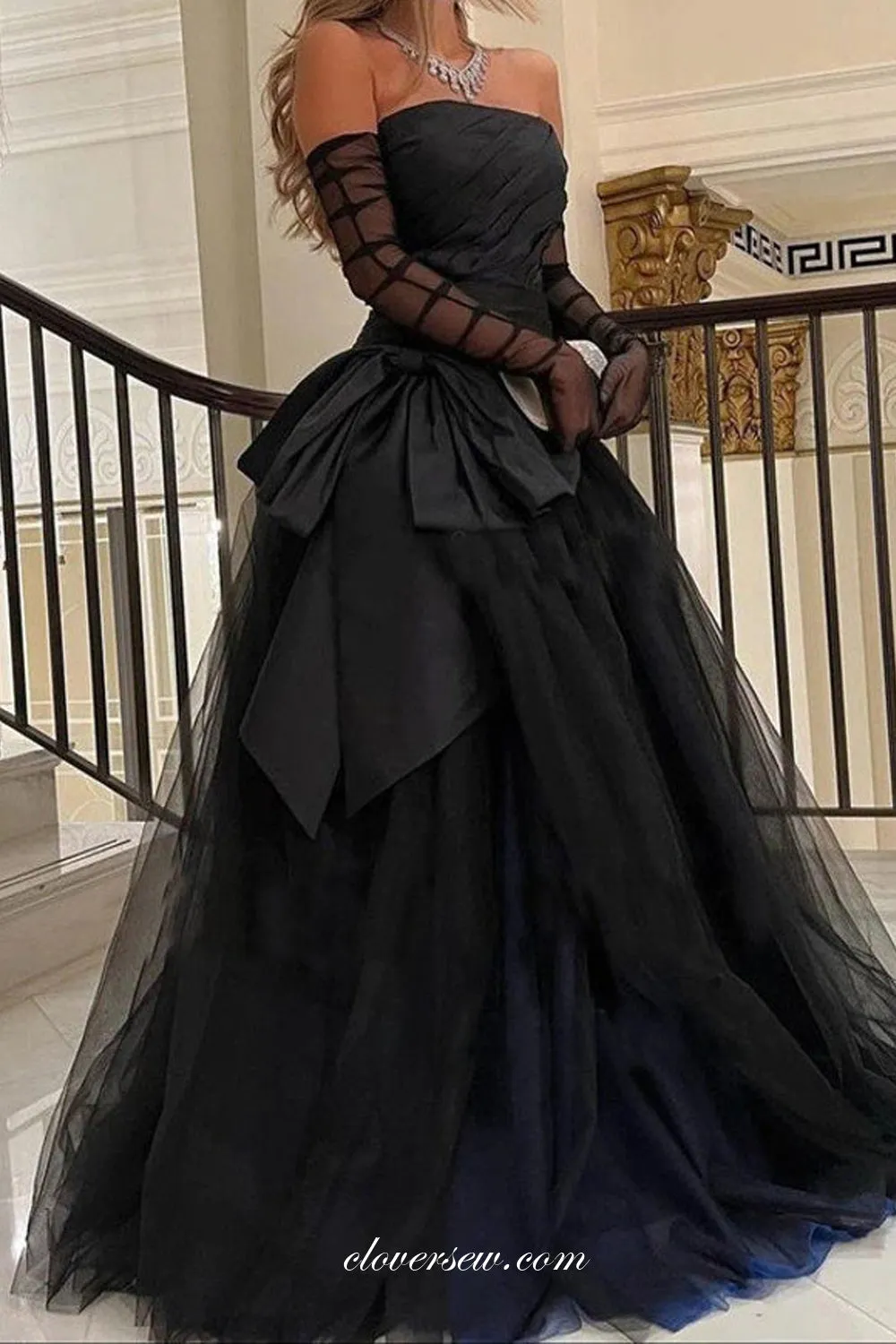 Black Pleating Tulle Strapless With Bowknot A-line Vintage Formal Dresses, CP1006