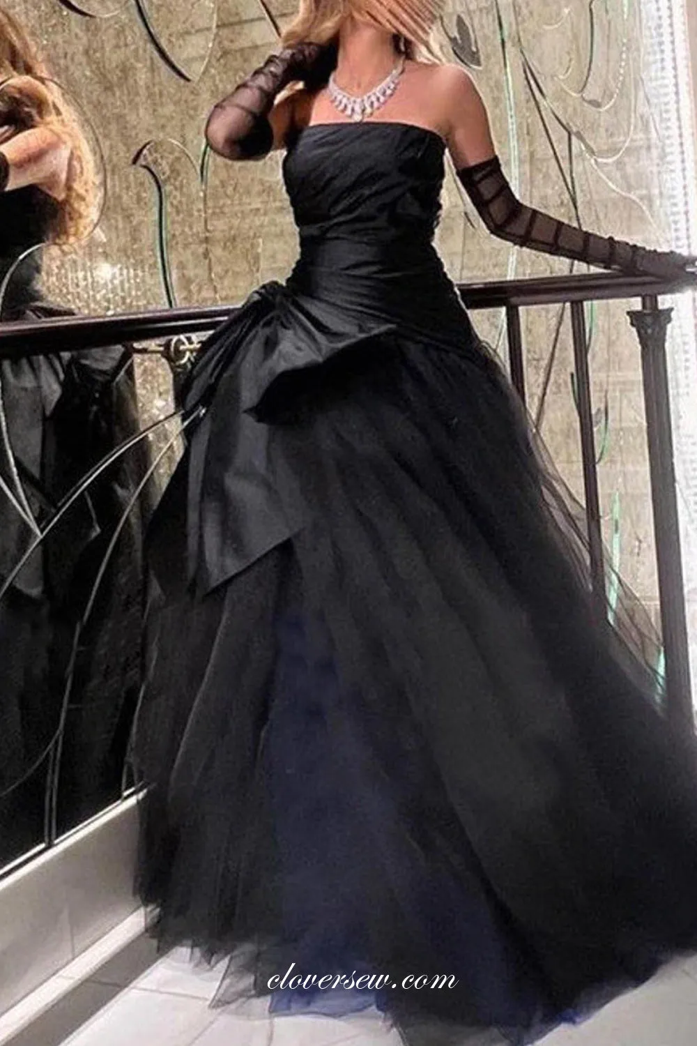 Black Pleating Tulle Strapless With Bowknot A-line Vintage Formal Dresses, CP1006