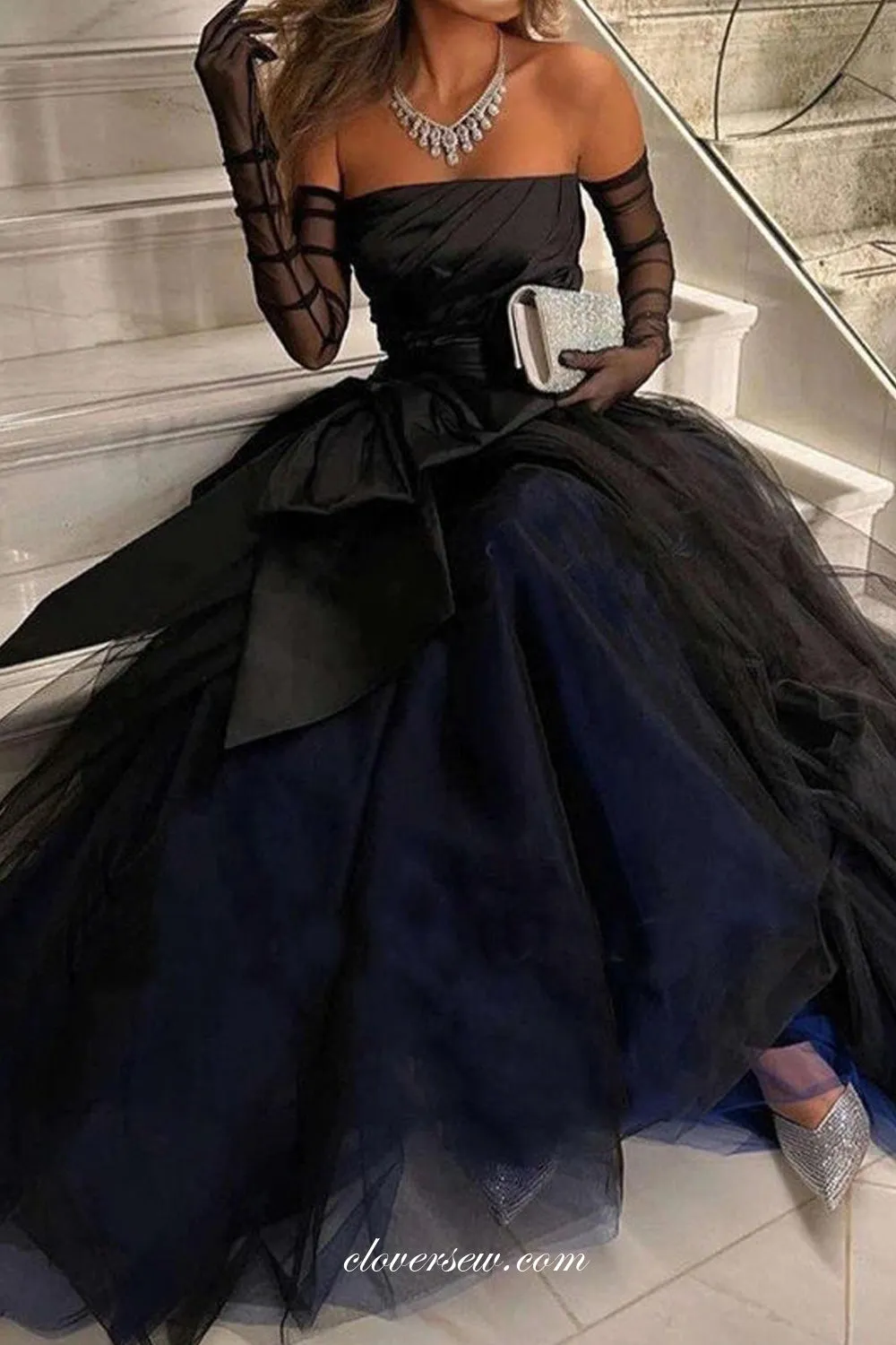 Black Pleating Tulle Strapless With Bowknot A-line Vintage Formal Dresses, CP1006