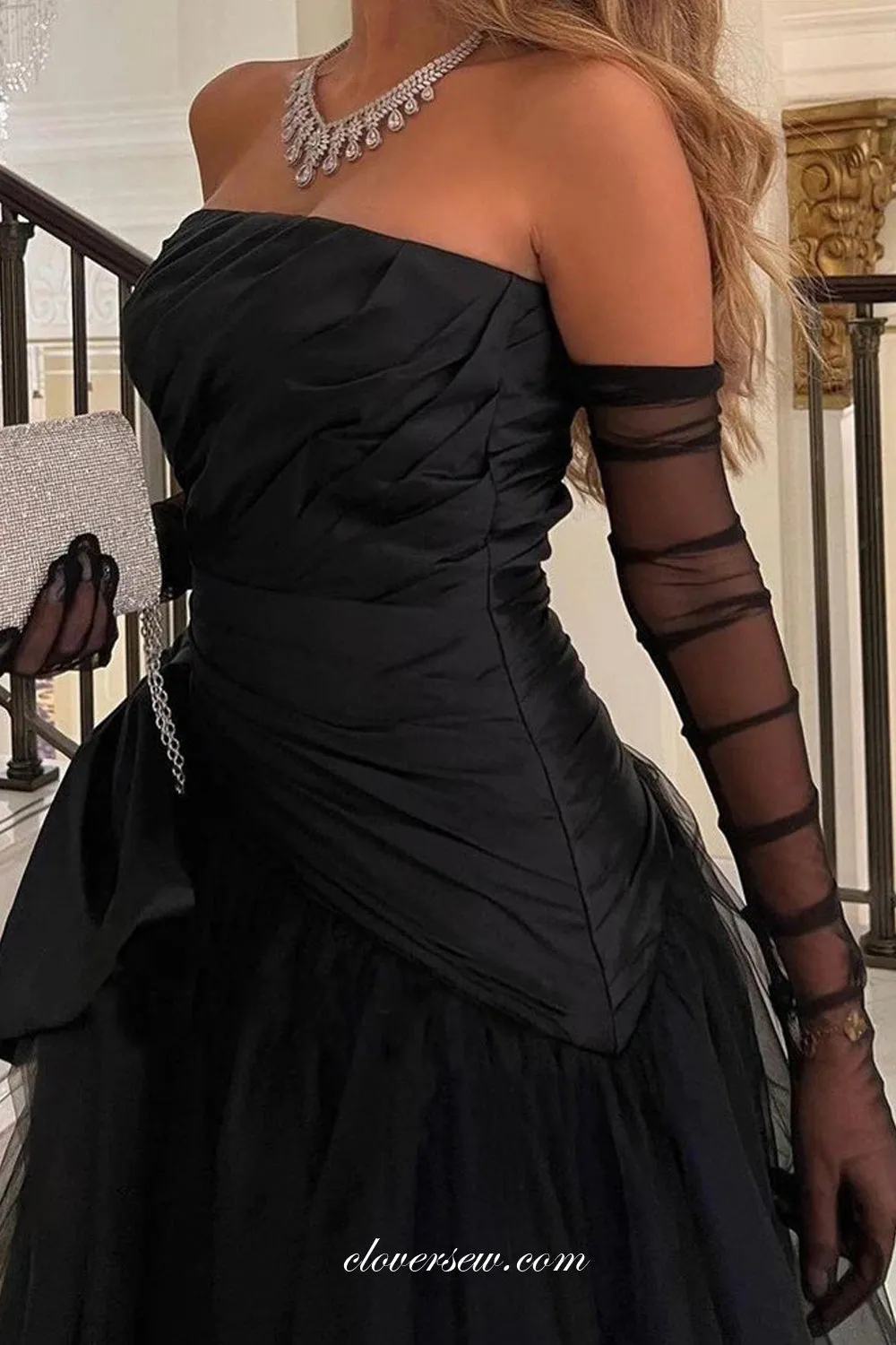 Black Pleating Tulle Strapless With Bowknot A-line Vintage Formal Dresses, CP1006