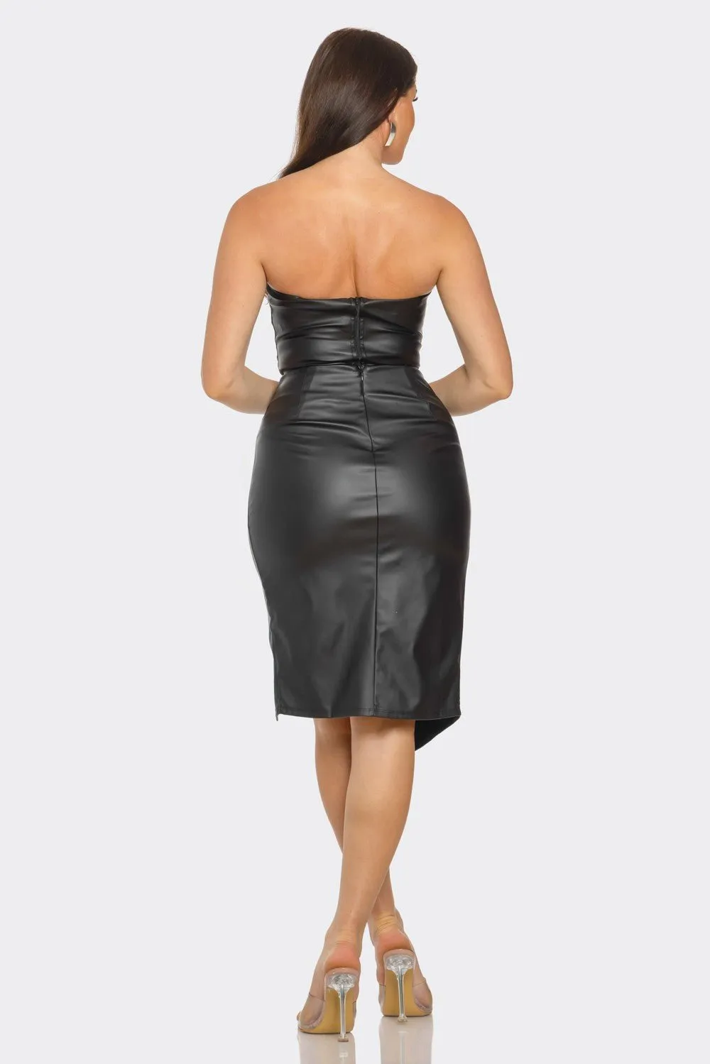 Black Pu Leather Boned Bodice Corset Top and Wrap Midi Skirt Set