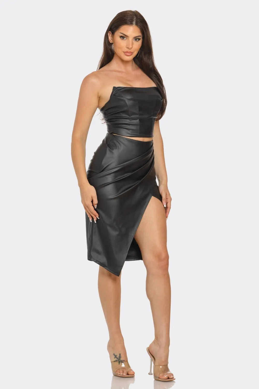 Black Pu Leather Boned Bodice Corset Top and Wrap Midi Skirt Set