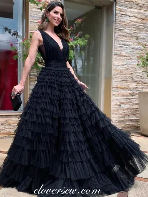Black Ruffles Tulle Tiered A-line Sleeveless Prom Dresses ,CP0294