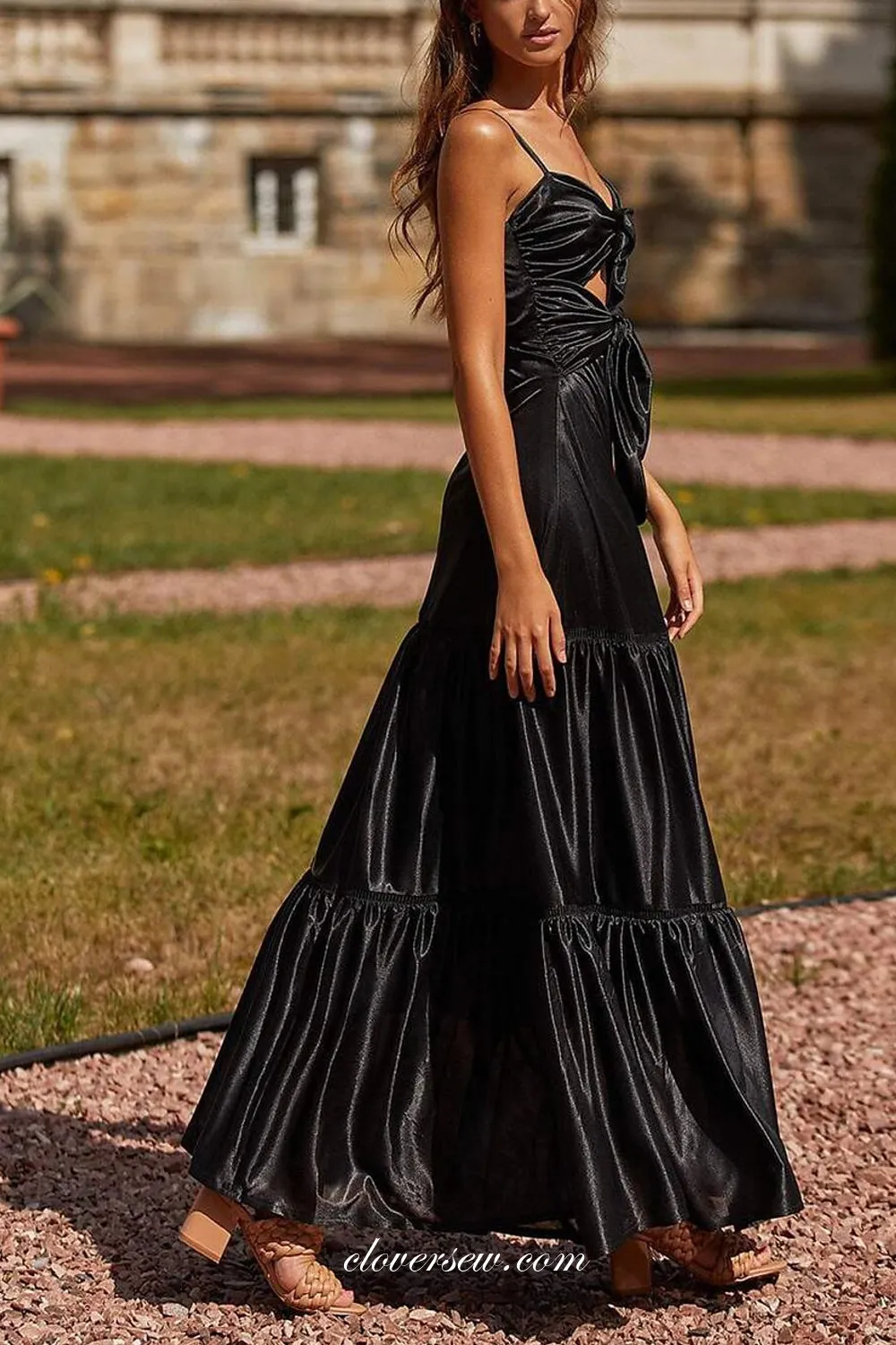Black Satin Charming Open Bowknot Top A-line Fashion Prom Dresses, CP0775