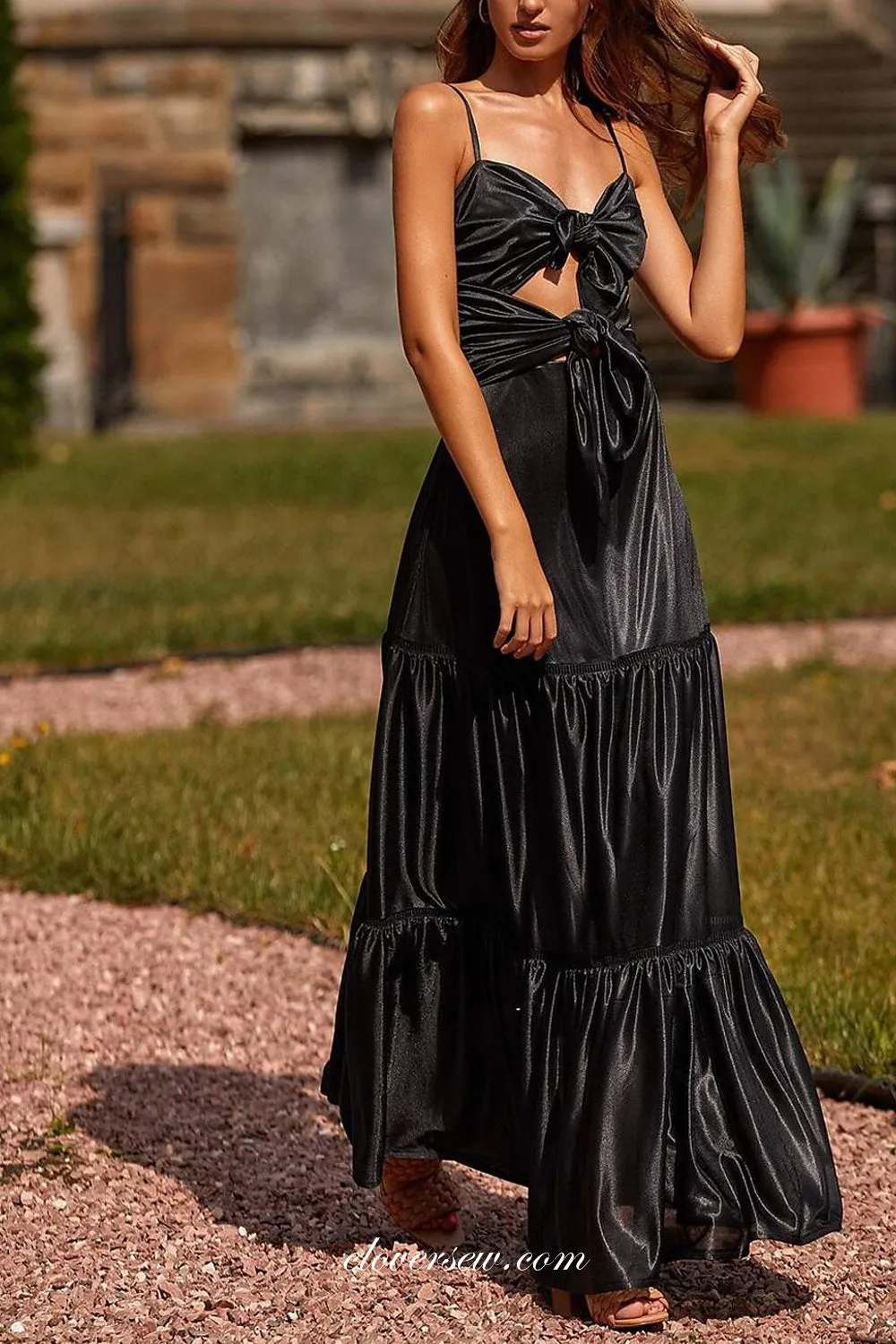 Black Satin Charming Open Bowknot Top A-line Fashion Prom Dresses, CP0775