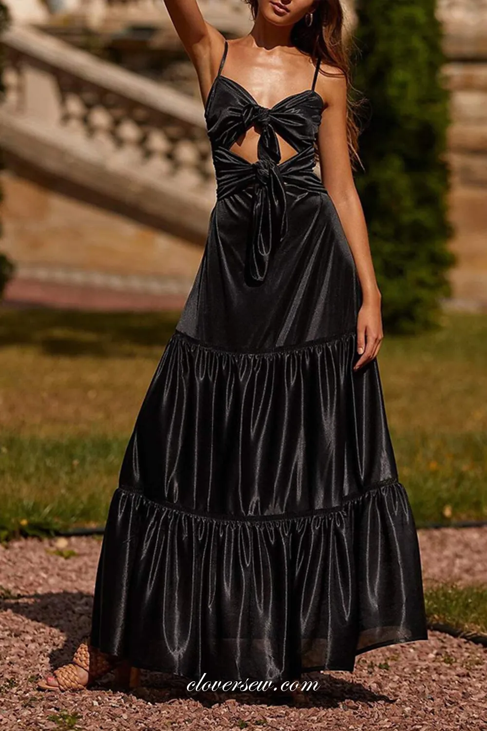 Black Satin Charming Open Bowknot Top A-line Fashion Prom Dresses, CP0775