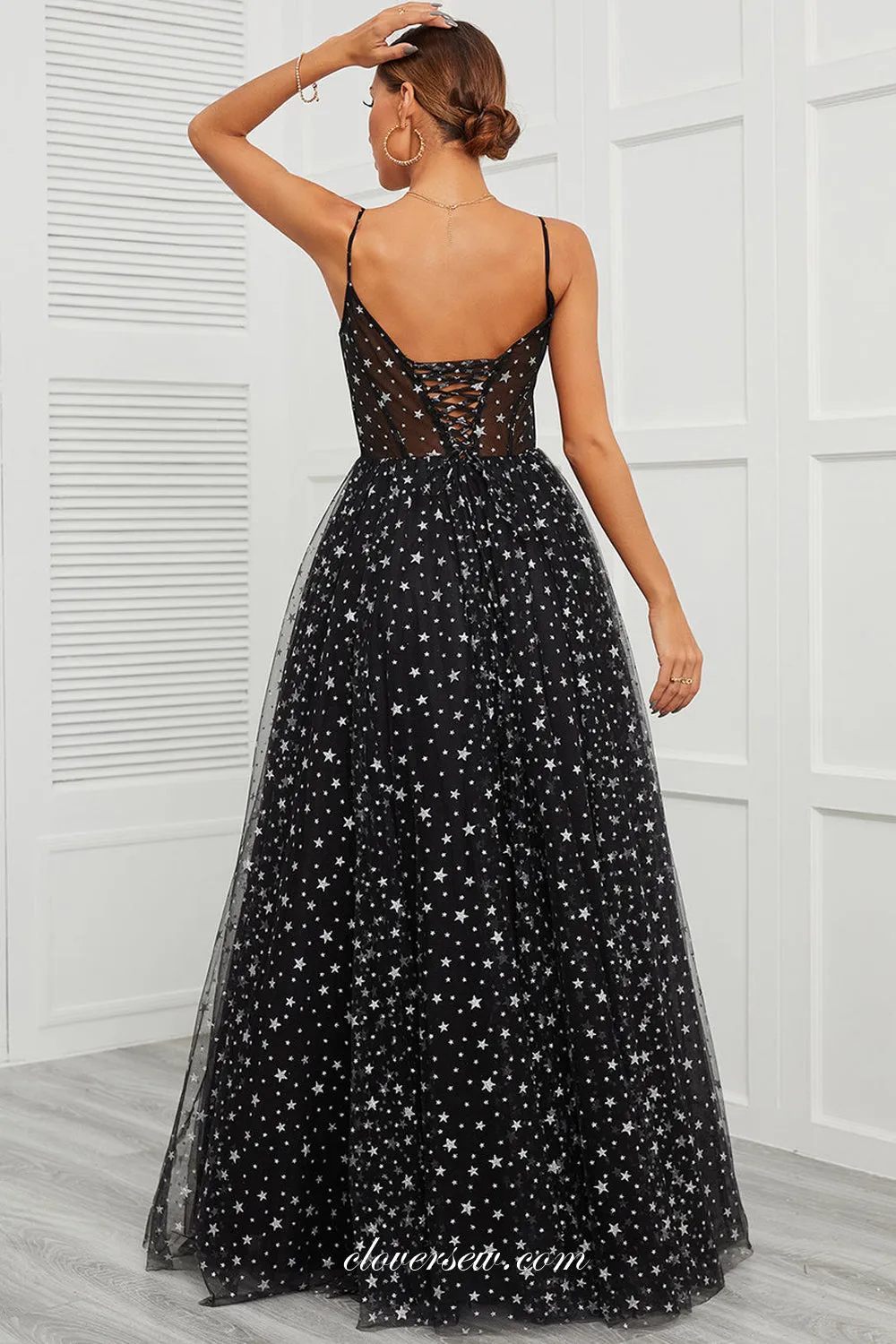 Black Star Tulle Spaghetti Strap A-line Floor Length Charming Prom Dresses, CP1026