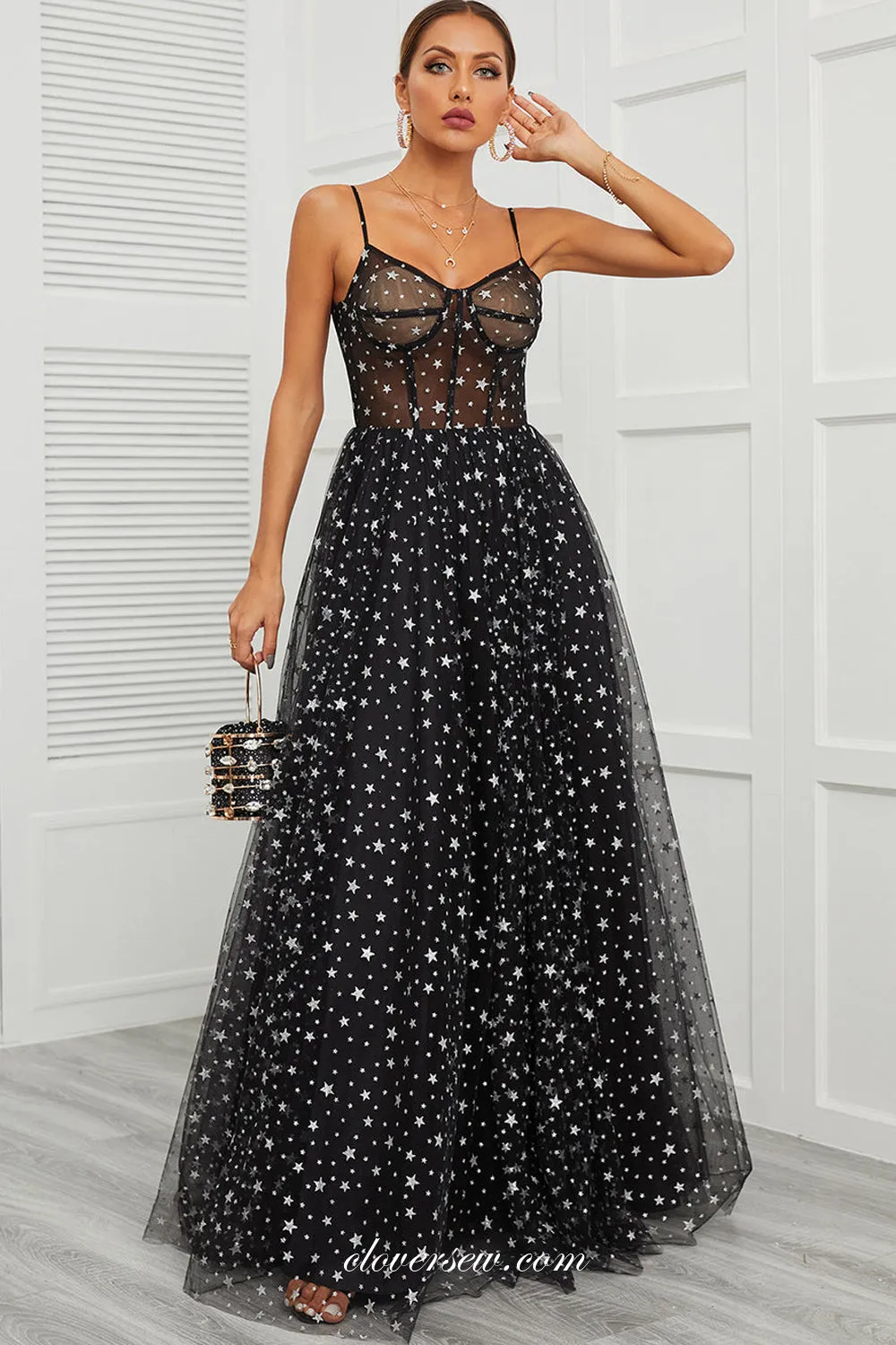 Black Star Tulle Spaghetti Strap A-line Floor Length Charming Prom Dresses, CP1026