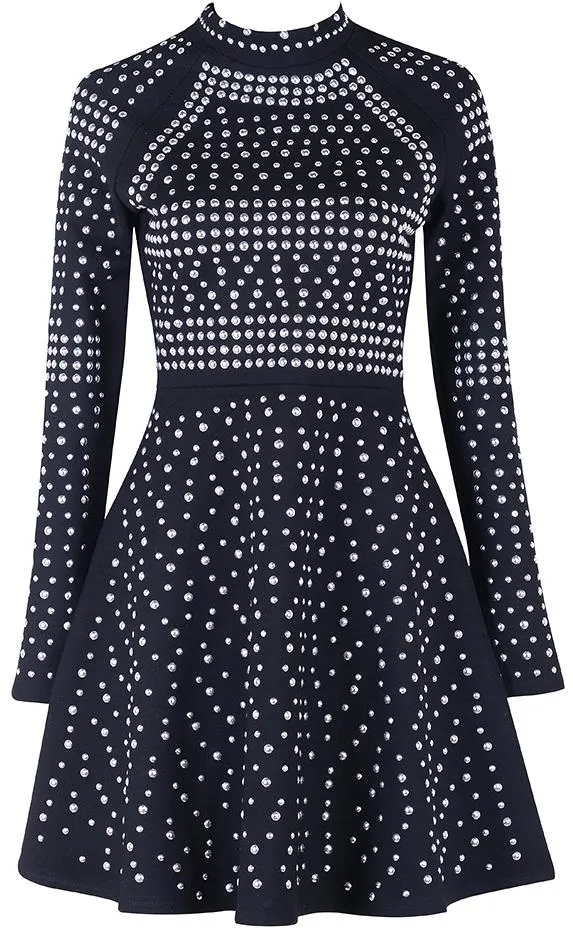 Black Studded A-Line Mini Skater Dress