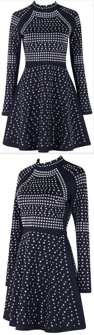 Black Studded A-Line Mini Skater Dress