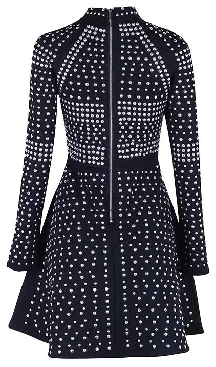 Black Studded A-Line Mini Skater Dress