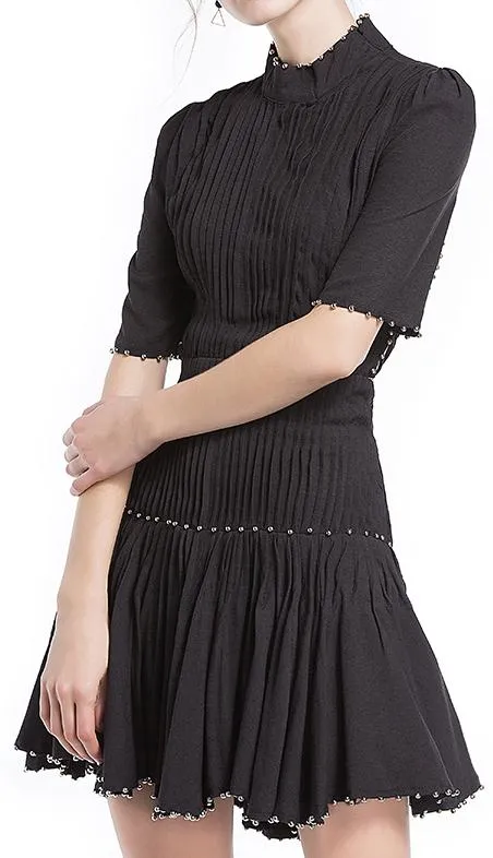 Black Studded Pleated Back-Lace-Up Mini Dress