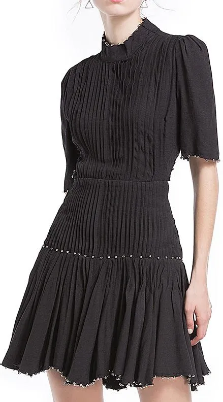 Black Studded Pleated Back-Lace-Up Mini Dress