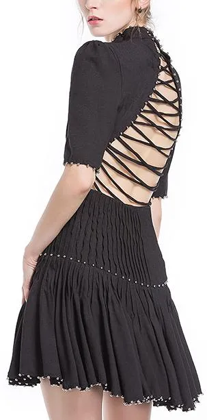 Black Studded Pleated Back-Lace-Up Mini Dress