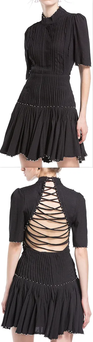 Black Studded Pleated Back-Lace-Up Mini Dress