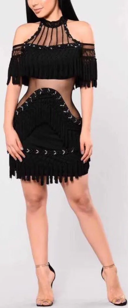 Black Tassel & Bead Embellished Mini Dress
