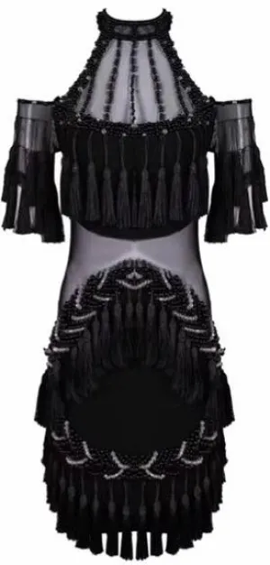 Black Tassel & Bead Embellished Mini Dress