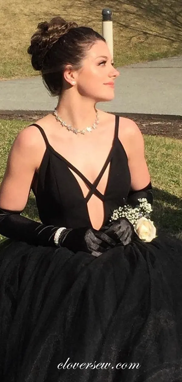 Black Tulle Criss-cross Spaghetti Strap A-line Prom Dresses, CP0579