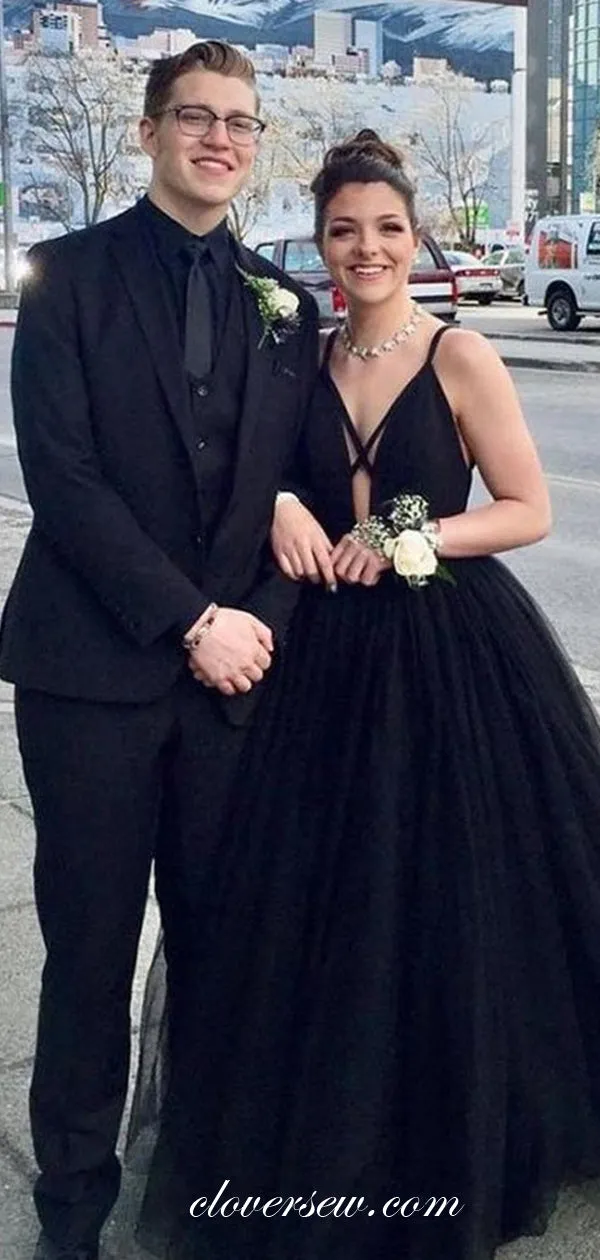 Black Tulle Criss-cross Spaghetti Strap A-line Prom Dresses, CP0579