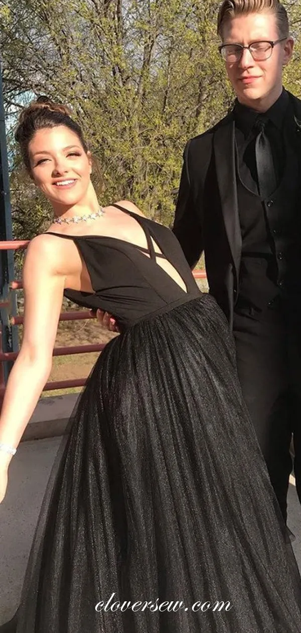 Black Tulle Criss-cross Spaghetti Strap A-line Prom Dresses, CP0579