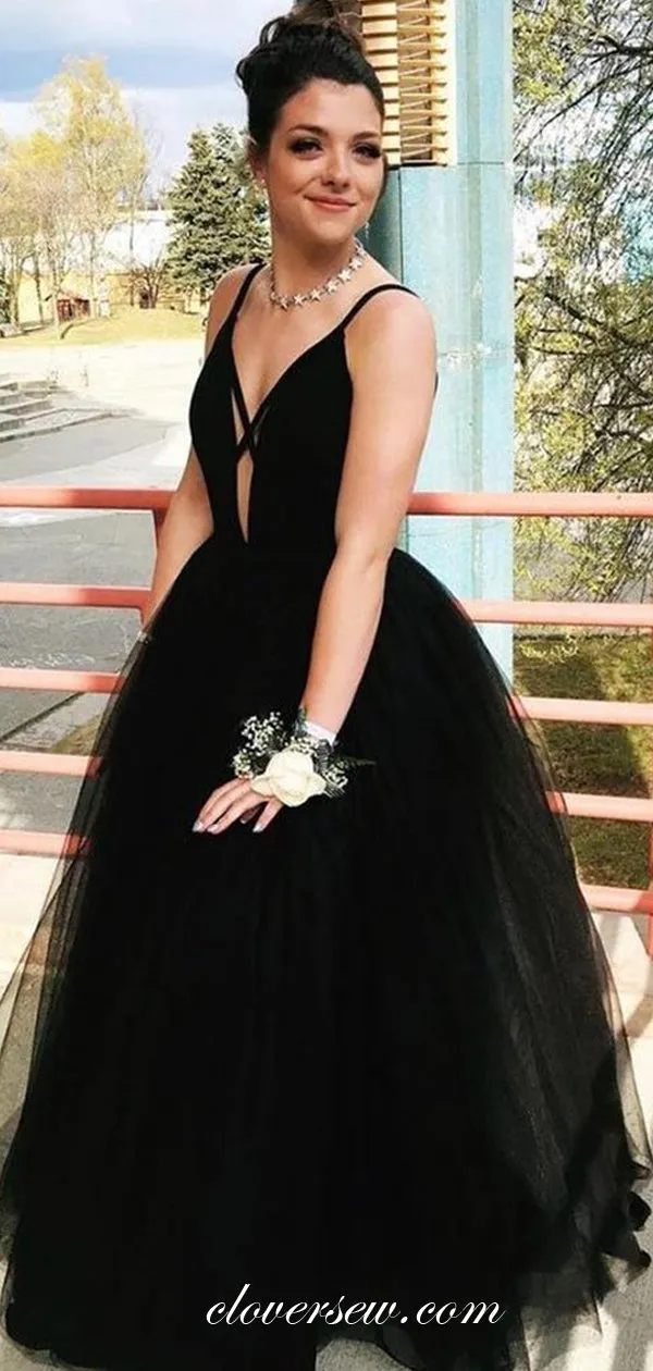 Black Tulle Criss-cross Spaghetti Strap A-line Prom Dresses, CP0579