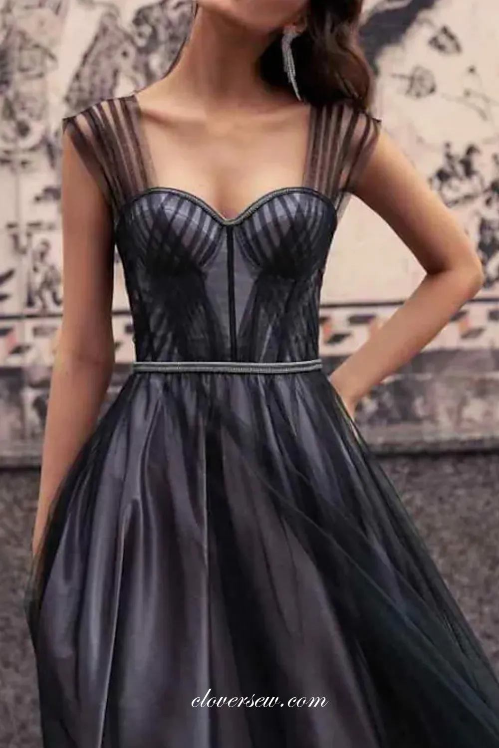 Black Tulle Pleating Sleeveless Sweetheart A-line Fashion Dresses, CP0728