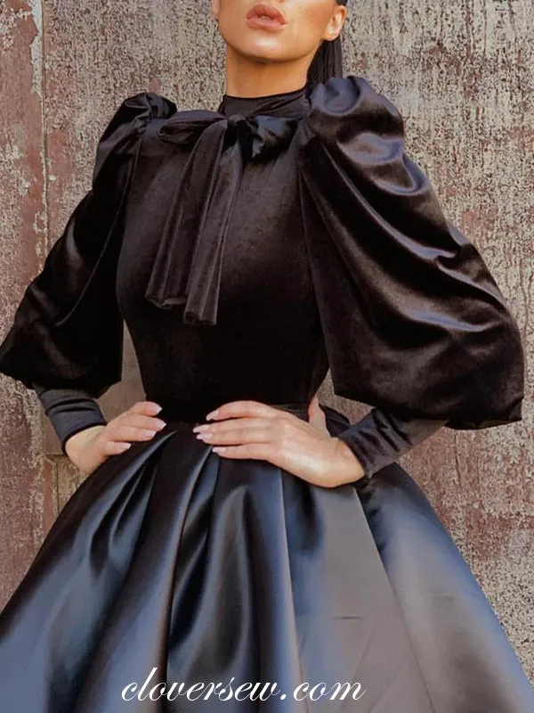 Black Velvet Satin Vintage High Neck Long Sleeves High Low Prom Dresses , CP0477